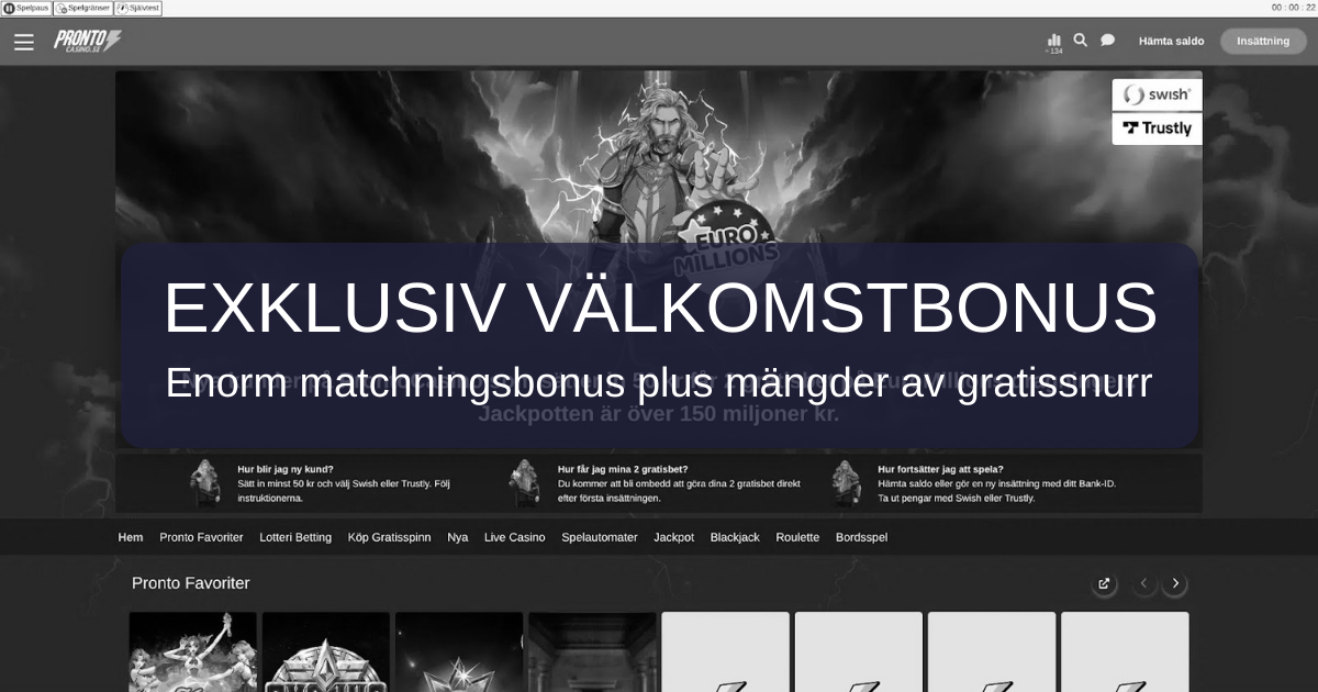 Pronto Casino med EuroMillions-frispel och svensk inloggning